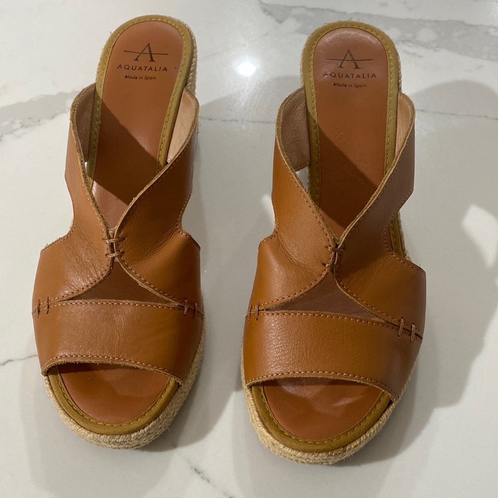Aquatalia Tan Leather Wedge Sandals